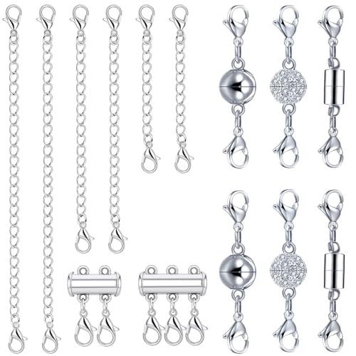 TEEUCNY Kit Rallonges de Chaîne 14Pcs, 6 Extension de chaîne, 8 Magnétique Fermoir à Homard, Chaîne d'Extension Fermoirs de Collier en Couches pour la Fabrication de DIY Bijoux Bracelet et de Collier