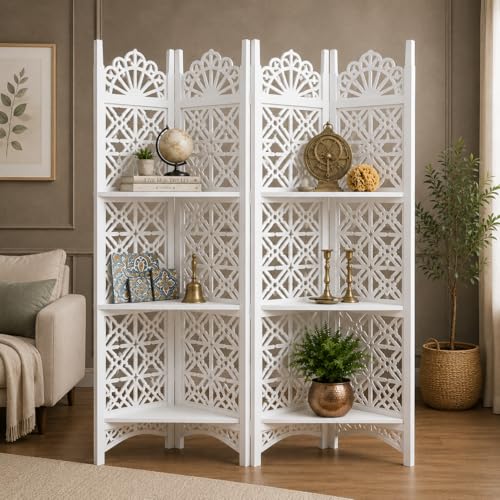 Image of Wooden Partition Divider for Living Room, Partition Wall, Privacy Divider, Freestanding Folding Panels for (6 Feet 5 Panel with 3 Shelve) (6 Feet 4 Panel with 4 Shelf White)