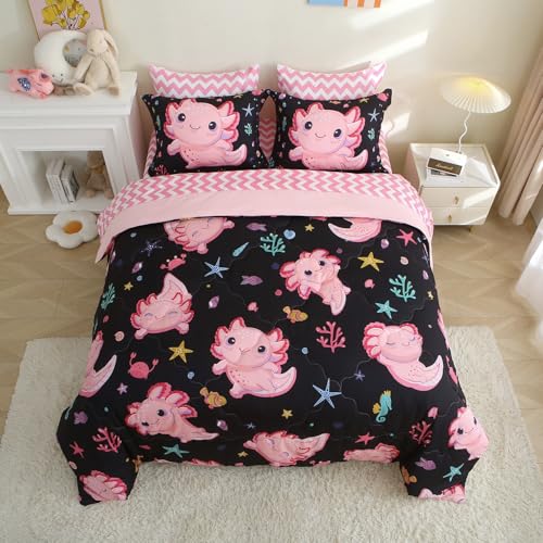 Gusuhome 7 Piece Girls Axolotl Comforter Set for Kids Twin Size Kawaii Axolotl Bedding for Teen 3D Animals Colorful Bed Set Black
