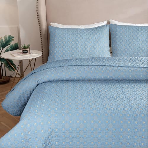 Image of SANMARINO Solid 100% Cotton Multi-Needle Quilted Ultrasonic Bedcover Set - 280 TC, Soft & Lightweight, King Size /Double (90x100 in /228X254 cm), Coverlet with 2 Pillow Cases-Sky Blue