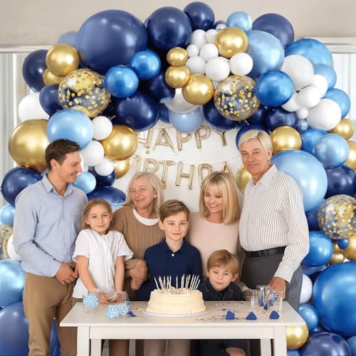 Image of Navy Blue and Gold Balloons Arch Kit, Blue and White Balloon Arch Kit with Metallic Dark Light Blue Gold Conftti Balloons Garland for Graduation Birthday Father's Day Party DIY Decoration