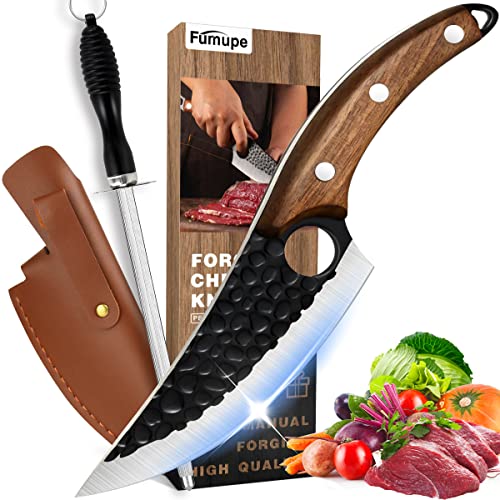 Fumupe Küchenmesser für alle Zwecke mit Lederholster, Handgeschmiedetes Antihaft-Ausbeinmesser, Wetzstahl für Messer, Universalmesser, Japanisches Kochmesser Damast Stil Küchenmesser Holzgrif
