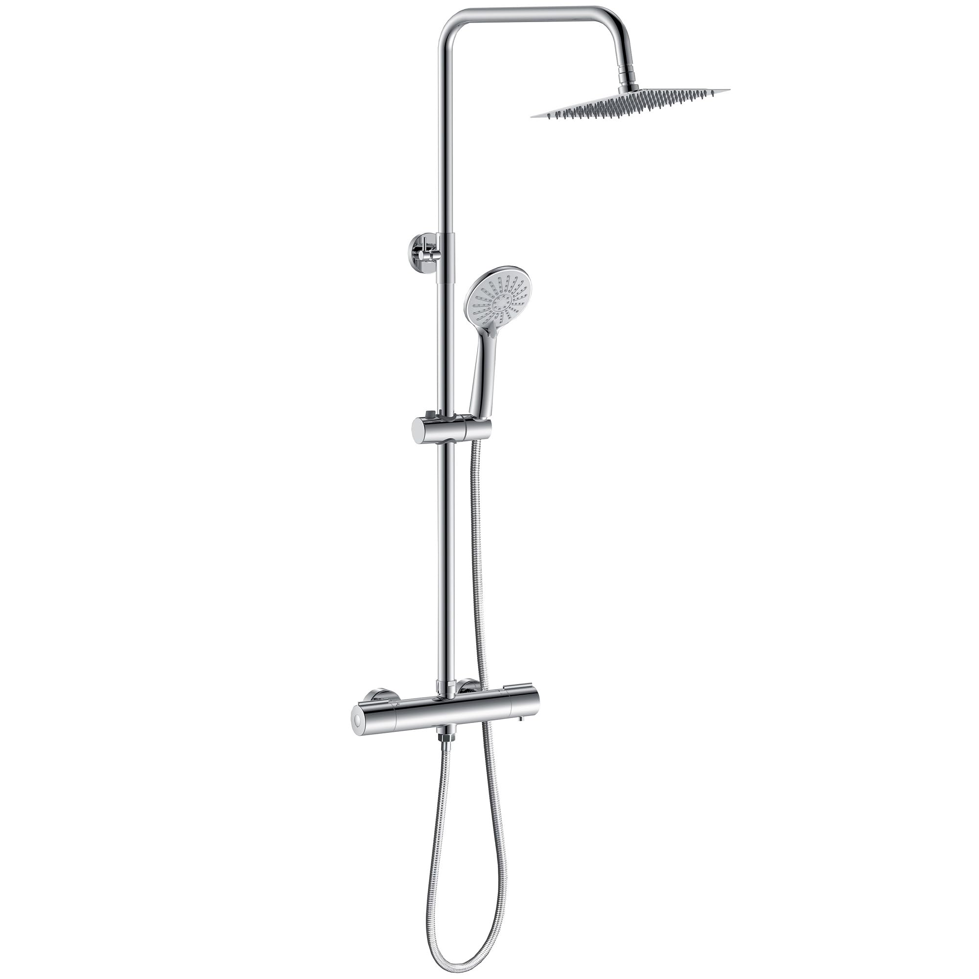 Columna de Ducha Termostática Regulable 720-1250mm Redondo Rociador de Mano 3 Tipos de Chorro Cuadrada Alcachofa de Ducha Lluvia para Baño