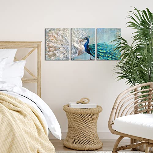 Sechars 3 Piece Peacock Canvas Wall Art Vintage Blue And White Peacock Feather Painting Picture Artwork For Home Living Room Bedroom Decor Ready To Hang thumb #4