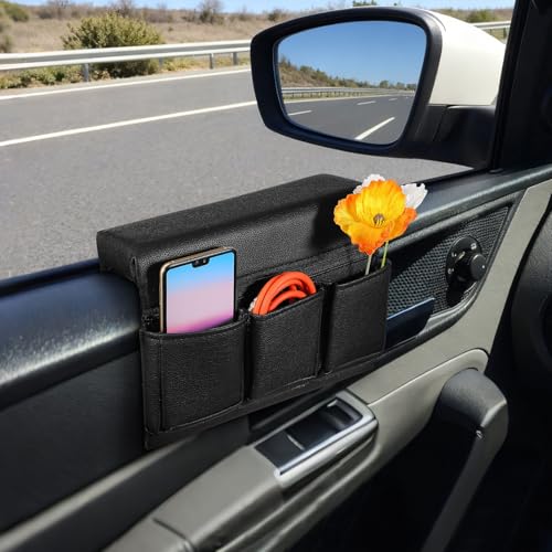 Reposabrazos de coche Housoutil con almacenamiento extra y funda lavable de cuero negro 6