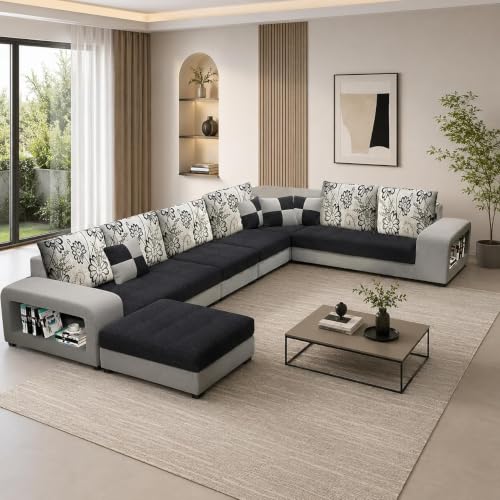 Image of Allister 12 Seater Sofa Set for Living Room (Black-Grey) | Interchangeable U Shape Sectional Sofa | Solid Wood Frame & High-Density Supersoft Foam | Includes Puffy & Stool | Modern Home Furniture