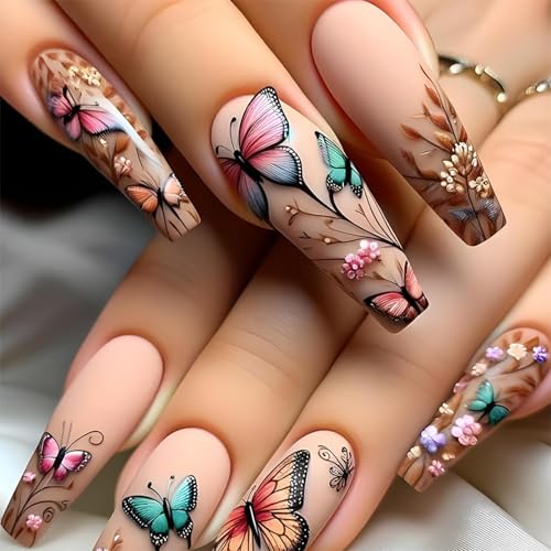 TELAIN Faux ongles à presser Forme de papillon et fleur de printemps Extra longs Acrylique Couverture complète Mat Carrés Pour femmes et filles Bricolage