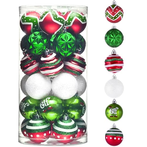 Valery Madelyn Christmas Ornaments Set, 30ct Elf Red Green White Shatterproof Christmas Tree Decorations Set, 2.36 Inch Decorative Hanging Ball Ornaments Bulk for Xmas Holiday Party Indoor Decor