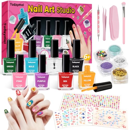 Tudaymol Nail Polish Set for Kids - Water-Based Peelable Polish-8 Colors with Glitter Gems Stickers Pens Tools DIY Nail Art Kit Non-Toxic Girl Toys Birthday Gift for Girls Ages 6 7 8 9 10 11 12