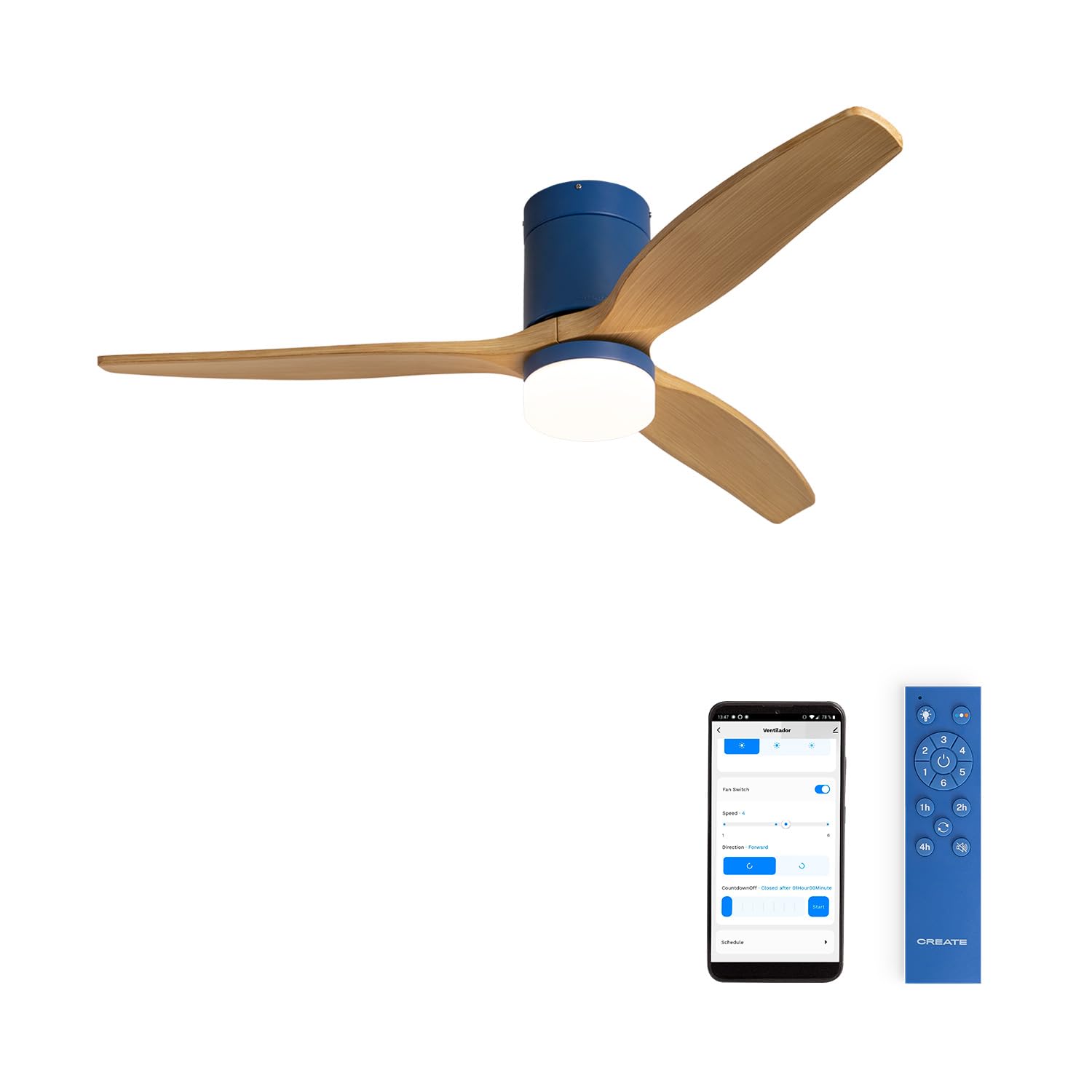 CREATE / WINDCALM M/Ventilador de techo ABS con luz azul cobalto efecto aspas madera clara con Wifi y mando / 40W, Temporizador, Ø132 cm, 3 temperaturas de luz, función verano-invierno