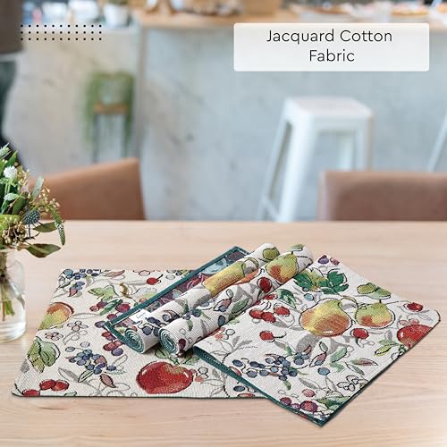 Image of Encasa XO Boho Jacquard Woven Dining Table Placemats, Vintage Fruit | Tapestry Style | Machine Washable | Stain & Heat Resistant | Non-Fading Non-Shrink Fabric | Set of 4