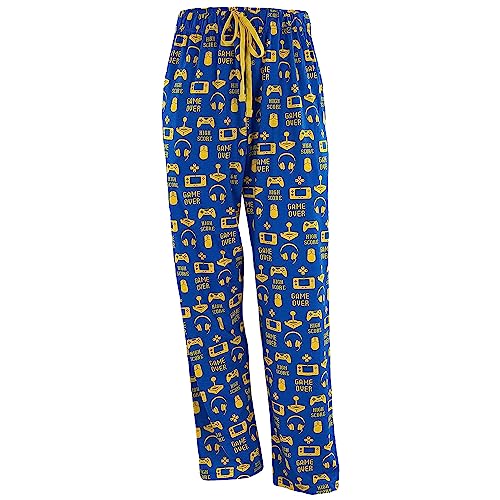 Wide Leg Men's Lounge Pants, Comfy Men's PJ Pants, Lightweight Jersey Fabric Pajama Pants with Fun Graphic Prints, Elastic Waistband, and Side Pockets (Gamer Print, Blue, X-Large)