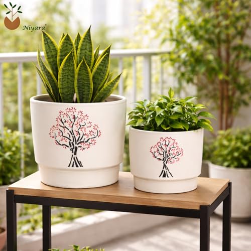 Image of Niyara White Ceramic Planter Pot with Tree Design | Decorative Indoor & Outdoor Flower Pot (Set of 2)