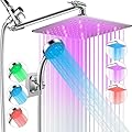 Shower Head with LED, High Pressure 10'' Rain Shower Head with 11'' Adjustable Extension Arm, LED Shower Head Color Changing Based On Water Temperture, Stainless Steel Shower Head with Hose, Chrome