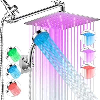 Shower Head with LED, High Pressure 10'' Rain Shower Head with 11'' Adjustable Extension Arm, LED Shower Head Color Changing Based On Water Temperture, Stainless Steel Shower Head with Hose, Chrome