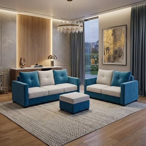Image of FURNY Amonster 3 Seater + 2 Seater Fabric Sofa Set with 1 Ottoman (Aqua Blue - Light Gray) with Velvet Finish | Durable Comfort | Ideal for Living Room