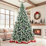 Árvore de Natal 2,40m, 1650 Galhos, Arvore de Natal com Ramos com Efeito Gelado, Pinhas Naturais e Cerejas Realistas, Arvore Natal 2,40 Decorada, Arvore de Natal Nevada 2,40