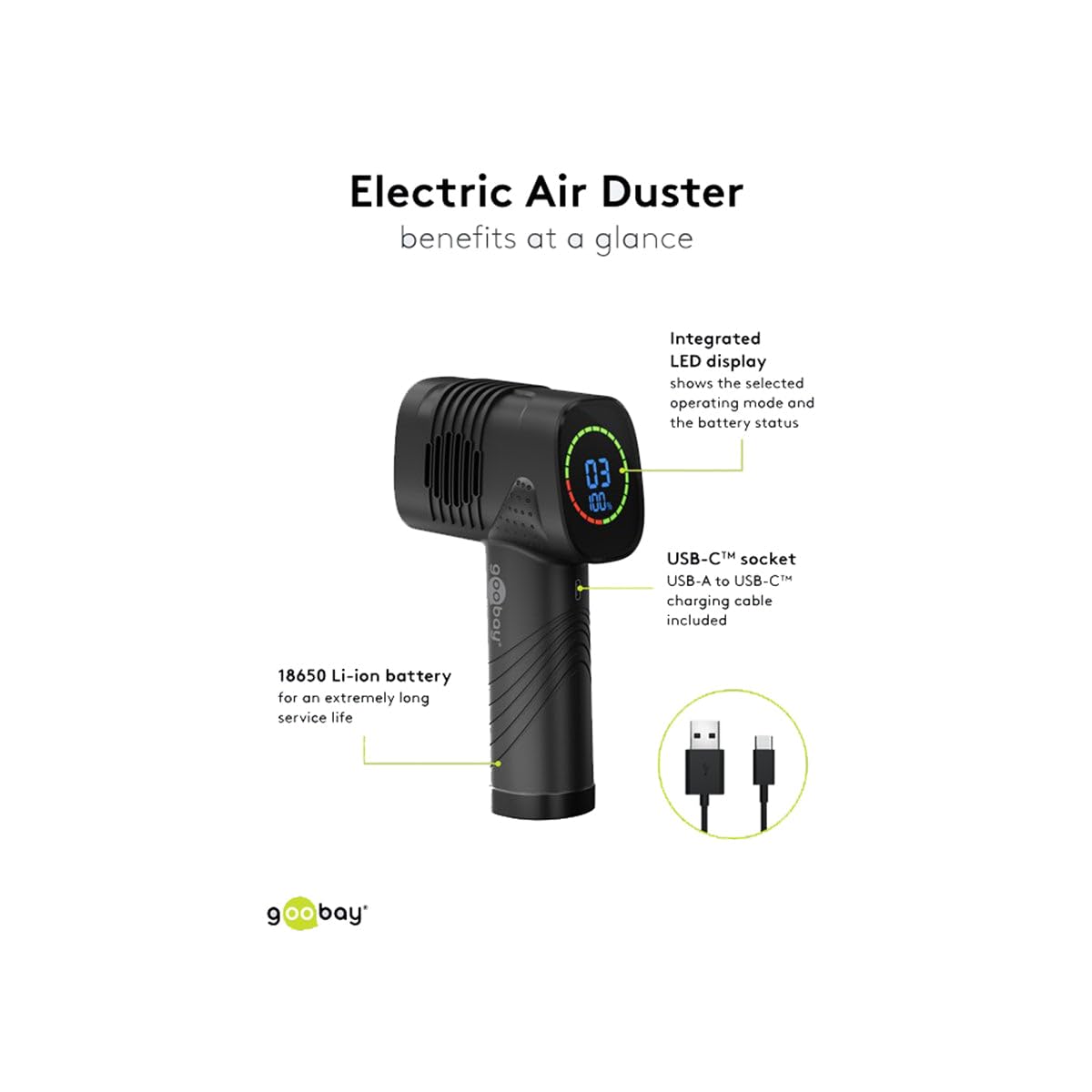 goobay 61667 Soffiatore elettrico/Pulizia di PC, tastiere, radiatori, divani, ecc. / Batteria ricaricabile da 2.000 mAh 35.000 giri/min fino a 90 minuti di funzionamento/Luce LED integrata