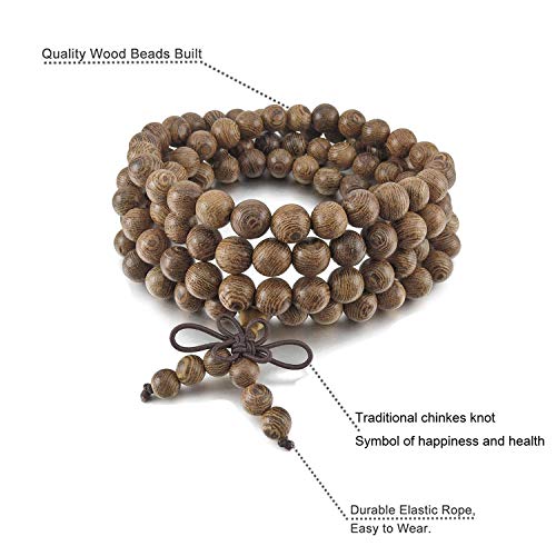 K&Q 9 Pcs Mens Womens Wood Chain Bracelets, Handmade Multilayer 8MM 108 Buddhist Strand Wood Mala Beaded Elastic Bracelet Necklace-Meditation Prayer Beads for Yoga, Spiritual Protection & Good Luck3