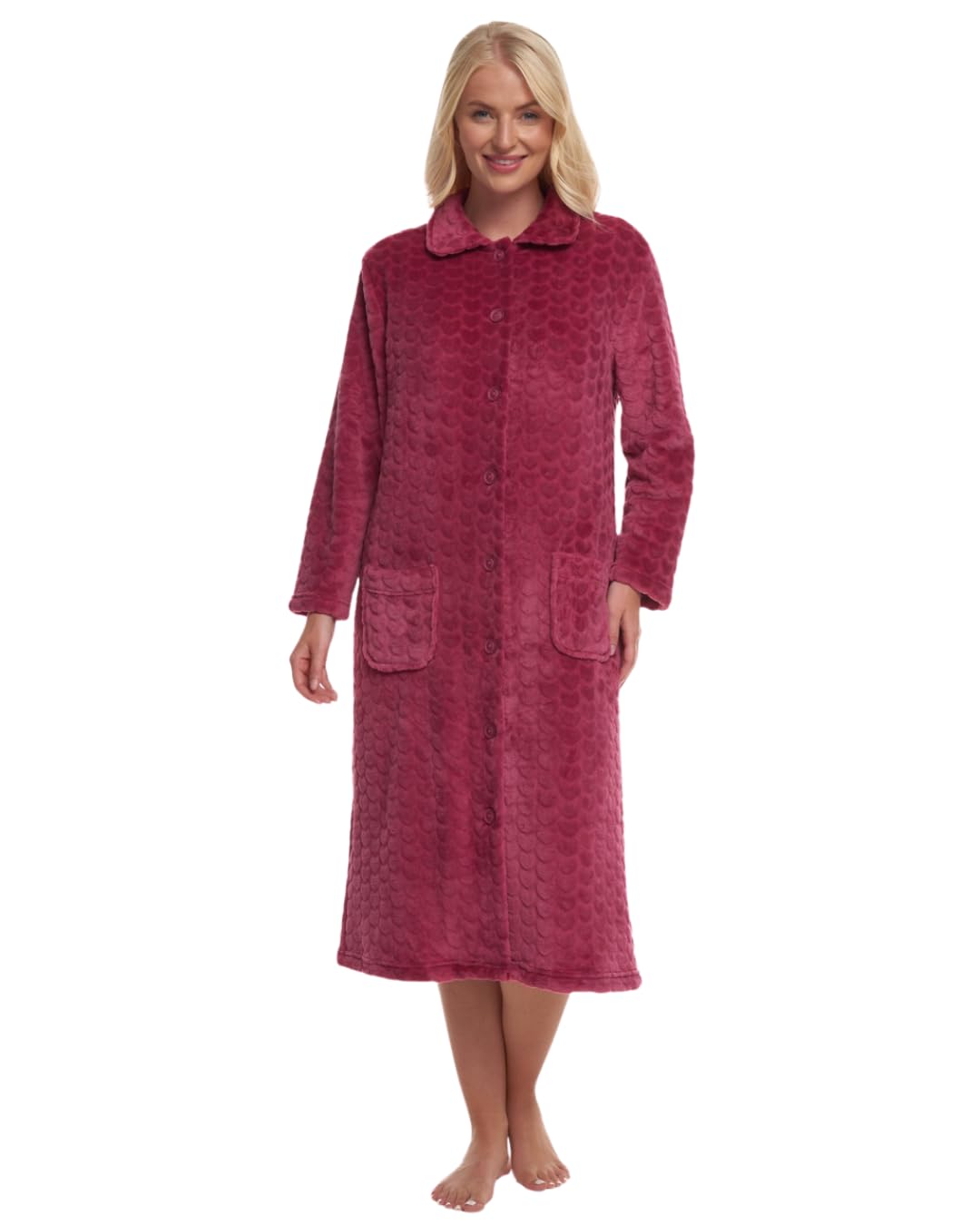 Suzy & Me Ladies Button Through Soft Embossed Fleece Dressing Gown (RASPBERRY 20-22)