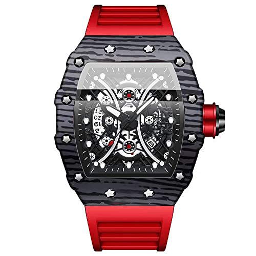 Tiong Herren Mode Quarzuhr Skelett Tonneau Großes Zifferblatt Analog Herren Armbanduhr Uhr Casual Business Rotes Silikon Armband Uhren