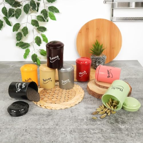 Image of E-COSMOS Set of 8 Plastic Spice Jars (300ml) BPA-Free Kitchen Storage Containers, Multi-Color Airtight Masala Box Set for Spices, Sugar, Haldi, and Mirch