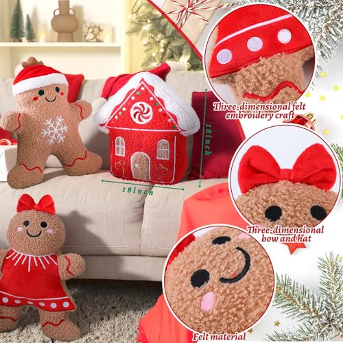 Image of Konohan 3 Pcs Christmas Gingerbread Pillows House Man Throw Pillows Stuffed Gingerbread Shaped Pillow for Christmas Party Outdoor Cushion Decorations (Red,Lovely Style)