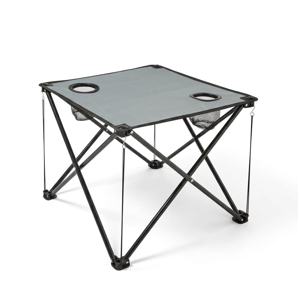 AAMEN Folding Camping Table with Cup Holder Grey – Portable Lightweight Outdoor Table with Drinks Holders, Compact Foldable Picnic Table with Carry Bag for Camping, Fishing, Festivals & Garden