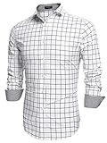 COOFANDY Men's Fashion Long Sleeve Plaid Button Down Shirts Casual Dress Shirt, White, Medium