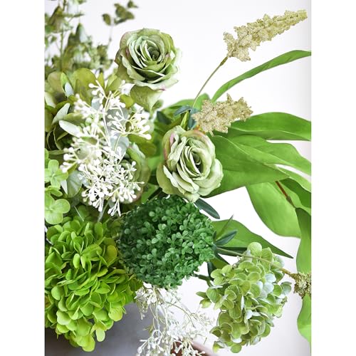 Image of FiveSeasonStuff Elegant Green Artificial Bouquet-Hydrangea, Rose & Camellia Blooms with Baby's Breath and Greenery Stems for Vases, Centerpieces, Weddings & Home Styling