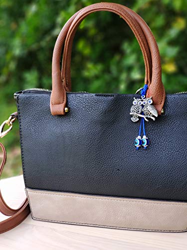 Luckboostium Two Owls Charm With Evil Eye Bead & Blue Crystal Eyes Keychain Ring - Sign Of Good Fortune, Good Luck & Blessing - Home, Bags & Car Rear View Mirror Hanging Accessories (2” X 4.5”) #TOP5