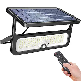 Solar Lights for Outside, Dusk to Dawn Solar Motion Flood Lights Outdoor, 3 Lighting Modes with Remote Control, Brightness Adjustable, IP65 Waterproof Security Lights for Street, Yard, Garage, 1 Pack