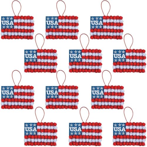 Fun Express Patriotic Pom-Pom American Flag Sign Craft Kit - Makes 12 DIY 4th of July Crafts for Kids Ages 4-8 | Memorial Day Activities for Classroom, Preschool | Red White Blue Party Favors