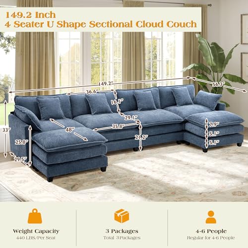 Image of 149.2 inch Modular Sectional Sofa,Cloud Couch for Living Room, Modern Deep Seat Sofa 4 Seater Chenille Fabric Comfy Couches with Throw Pillows & Ottoman for Apartment