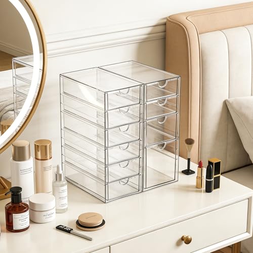 Image of Prsildan Hair Accessories Organizer Acrylic Drawer with 10 Drawers | Clear, Craft Art Supply Storage, For Office Desk Bathroom Vanity Countertop, Set of 2