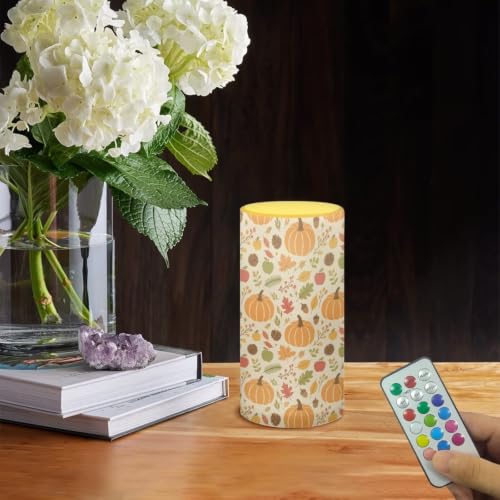 Image of Poceacles Flameless Candle Battery Powered with Remote Control 12 Colors 4 /8 Hours Timer LED Night Lights Pillar Candle Tealights Autumn Home Indoor Decor, Pumpkin Fall Leaves Print Beige