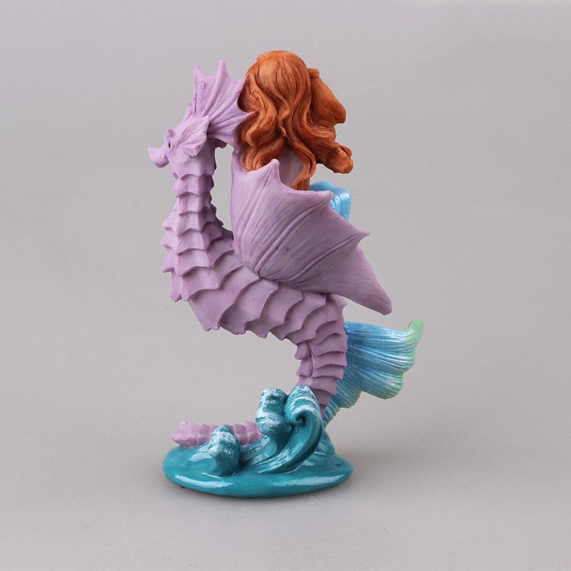 Estatua de sirena rosa con figura de caballito de mar en resina miniatura 3