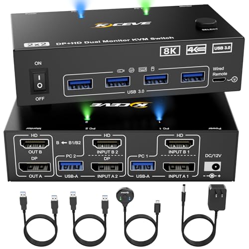 NAWEN - 8K KVM Switch 2 Monitors 2 Computers 4K@144Hz 8K@60Hz, Displayport and HDMI Dual Monitor KVM Switches for 2 Computer Share 2 Monitors and 4 USB 3.0 Devices, Power Adapter and USB Cables Included - -13%