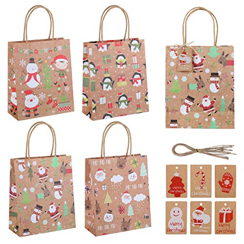 Naler Set van 12 geschenkzakjes van kraftpapier voor kerstcadeaus met handgrepen en etiketten voor geschenken, 4 patronen