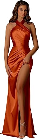 Bolodoo Halter Satin Bridesmaid Dresses for Women Long Mermaid Prom Dress Ruched Evening Formal Gowns with Slit