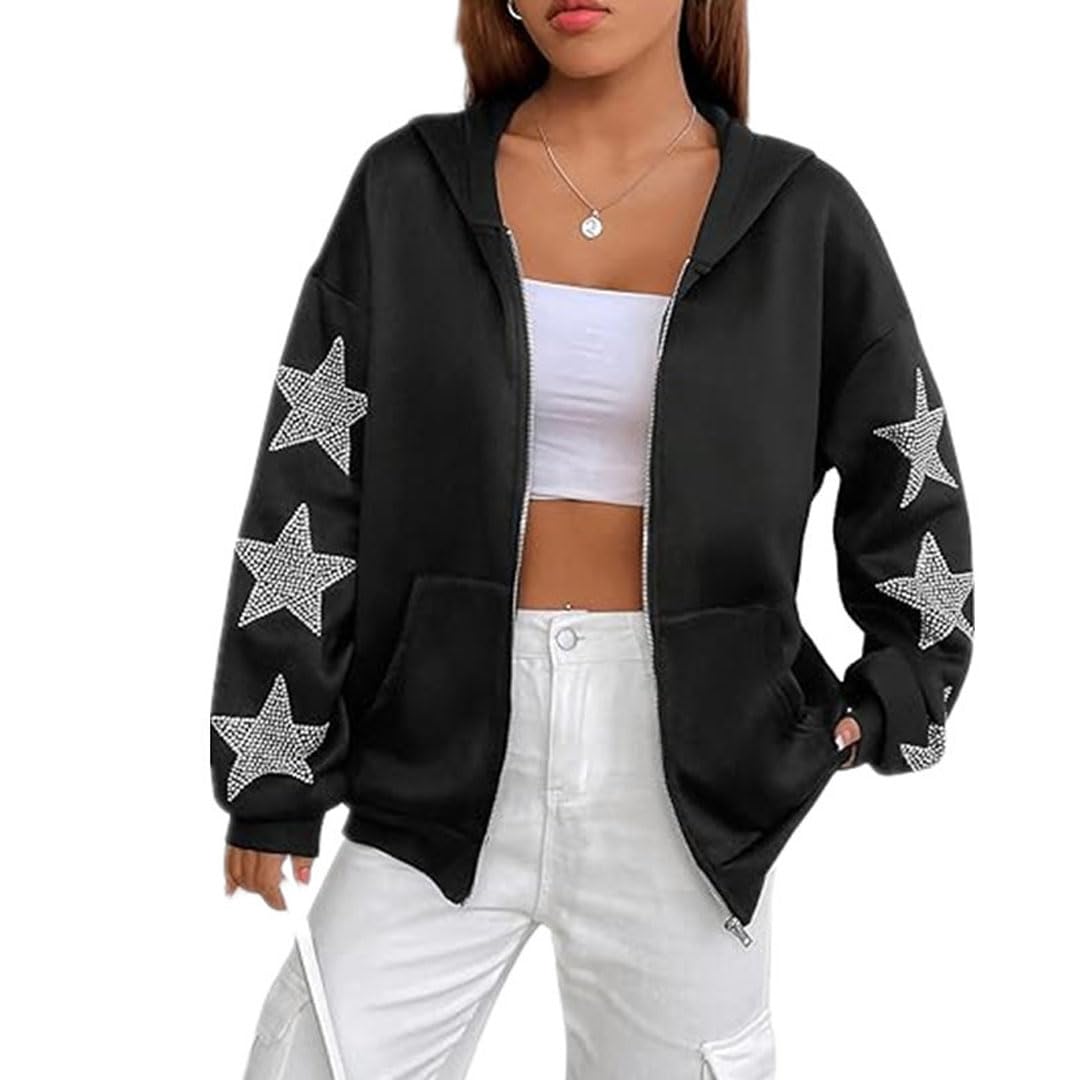 Dicusph Women's Y2k Zip Up Hoodie Rhinestone Star Pattern Drop Shoulder Long Sleeve Streetwear Hoodies with Pocket