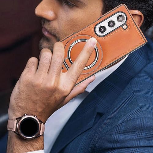 Coque Galaxy Z Fold 6 antichoc en cuir marron à anneau magnétique - 4