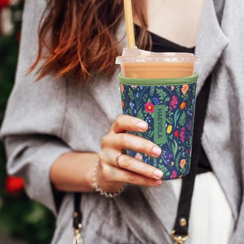 Image of Reusable Insulated Neoprene Iced Coffee Cup Sleeve, Durable Drink Sleeve for Cold Beverages, Beverage Holder for Iced Coffee, Fern Florals