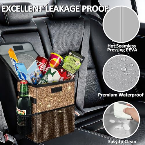 Image of Cute Mini Car Trash Bag with Lid, Glitter Garbage Can Bin Hanging for Back /Front Seat /Console, Waterproof, Leakproof, 2.5 Gallon, Brown Bling Sparkly