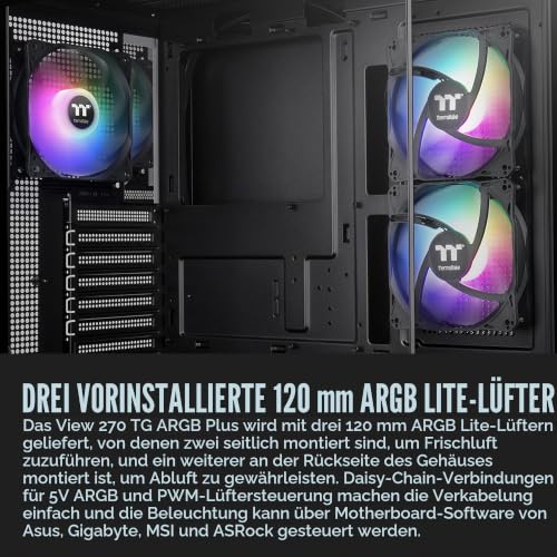 Thermaltake View 270 Plus TG ARGB Black Mid Tower E-ATX Gehäuse; 3 x 120 mm ARGB-Lüfter im Lieferumfang enthalten; unterstützt bis zu 360… – Ansicht 5