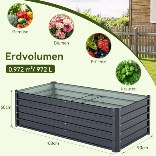 Ohuhu Metall Hochbeet Pflanzenbeet 180x90x60 cm, Hochbeete für Garten aus Robustes Stahlblech, Rostgeschützt & Stabil, Ideal für Garten Gemüse Kräuter Blumen Anthrazit
