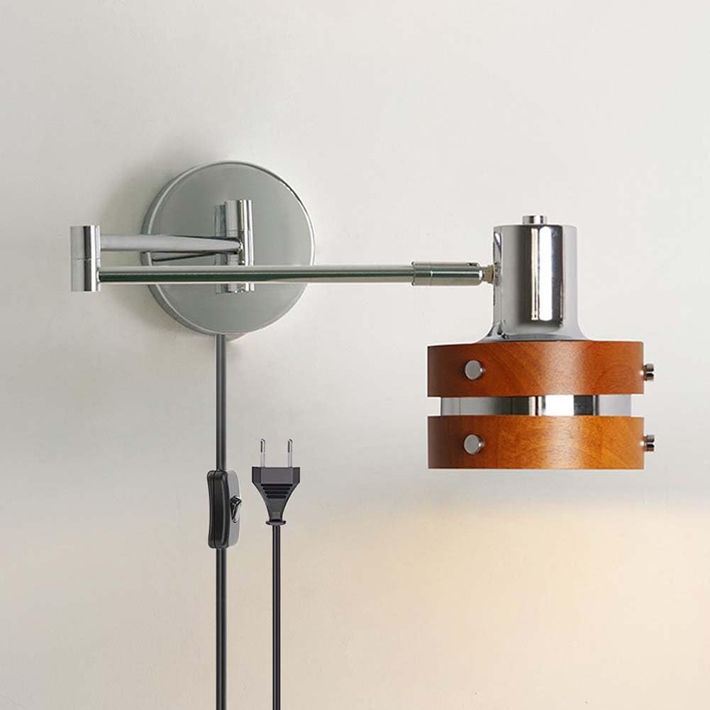 Holz Vintage Wandleuchte Schwenkarm Innen Wandlampe Verstellbar Lange Arm Wandleuchten mit Stecker und Kabel Schalter Wand Leseleuchte Faltbar Drehbarelampe für Wohnzimmer Schlafzimmer