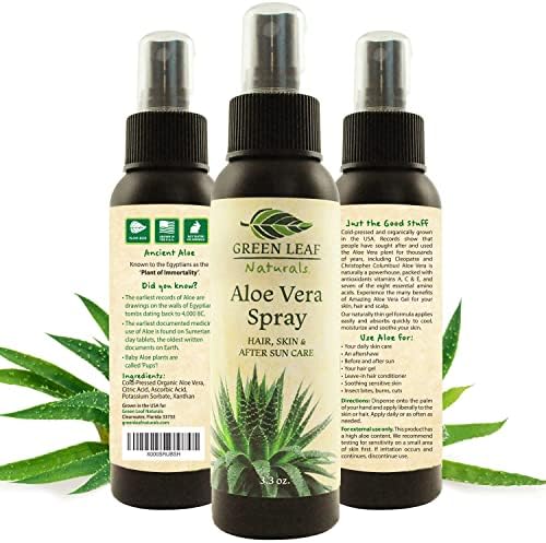 Travel Size Aloe Vera Spray for Hair, Skin, Face, After Sun Care and Sunburn Relief |3.3 oz| Cold pressed - 99.8% Aloe Vera| Organic 100% Pure and Natural Skin Care Moisturizer - Unscented by Green Leaf Naturals