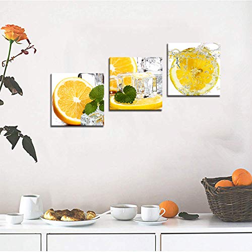 3 Pcs Ice Cube Poster Wall Art Slice Of Lemon In Water Isolated Light Yellow Canvas Painting Fruit Picture Lemon And Ice Cubes Lemon Kitchen Home Decor Framed Ready To Hang-12 Inch X 12 Inch X 3Pcs #TOP2