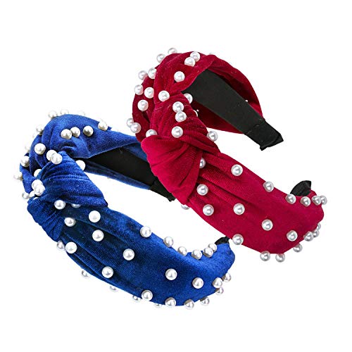 2 Pcs Velvet Pearl Headbands for Women, Wide Faux Pearls Top-knot Turban Headband, Fashion and Comfortable Hair Hoop for Women Girls Accessories (Navy Blue, Red)